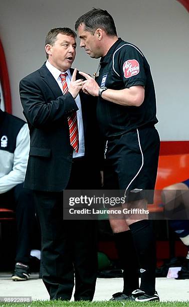 Billy Davies, manager of Nottingham Forest argues with referee Phil Dowd during the Coca-Cola Championship Playoff Semi Final 1st Leg match at...
