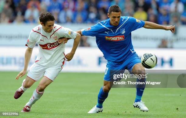 Sejad Salihovic of Hoffenheim battles for the ball with Christian Traesch of Stuttgart during the Bundesliga match between TSG 1899 Hoffenheim and...