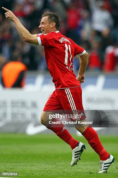 Ivica Olic of Bayern celebrates the first goal during the Bundesliga match between Hertha BSC Berlin and FC Bayern Muenchen at Olympic Stadium on May...