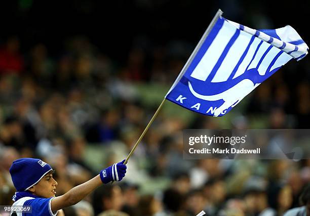 Kangaroo supporter waves his flag during the round seven AFL match between the Collingwood Magpies and the North Melboune Kangaroos at Melbourne...