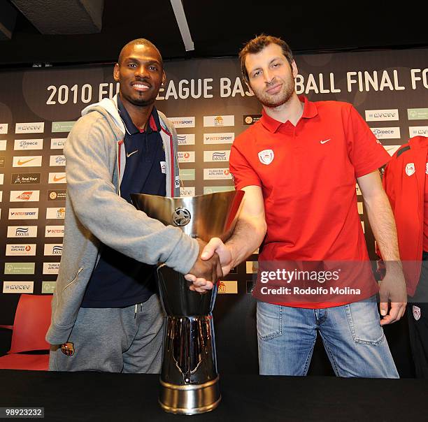 Pete Mickeal, #33 of Regal FC Barcelona and Theodoros Papaloukas, #4 of Olympiacos Piraeus shake hands during the Final Four Presentation Press...