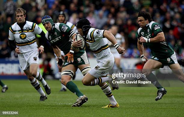 Bruce Reihana of Northampton races away with the ball during the Guinness Premiership match between London Irish and Northampton Saints at the...