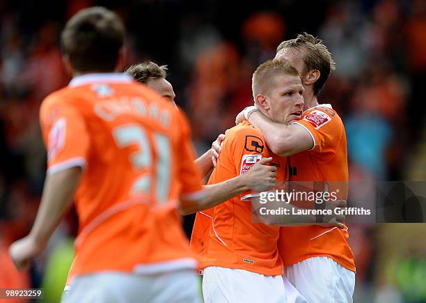 Keith Southern of Blackpool celebrates his sides first goal with David Vaughan during the Coca-Cola Championship Playoff Semi Final 1st Leg match at...