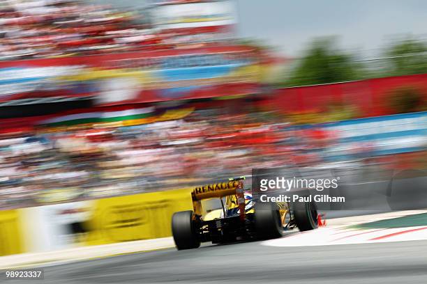 Vitaly Petrov of Russia and Renault drives during qualifying for the Spanish Formula One Grand Prix at the Circuit de Catalunya on May 8, 2010 in...