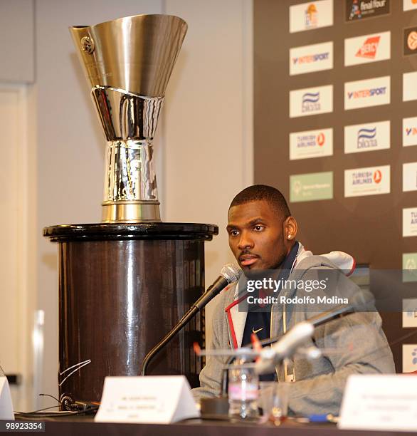 Pete Mickeal, #33 of Regal FC Barcelona talks during the Final Four Presentation Press Conference at Bercy Arena on May 8, 2010 in Paris, France.