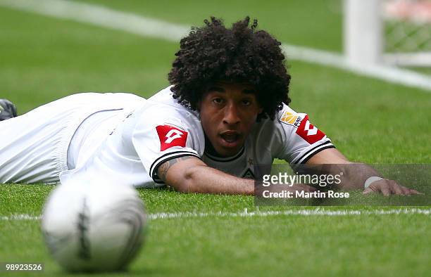 Bonfim Dante of Gladbach reacts after he fails to score during the Bundesliga match between Borussia Moenchengladbach and Bayer Leverkusen at...