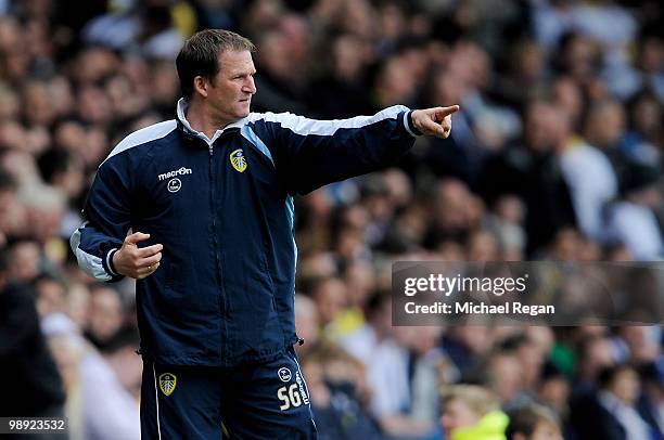 Leeds manager Simon Grayson gestures during the Coca Cola League One match between Leeds United and Bristol Rovers at Elland Road on May 8, 2010 in...