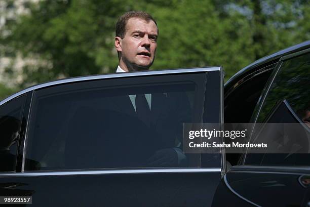 Russian President Dmitry Medvedev attends a ceremony at the Tomb Of The Unknown Soldier to commemorate the 65th anniversary of VE Day, on May 8, 2010...