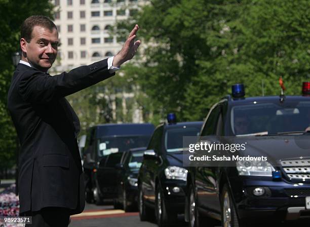 Russian President Dmitry Medvedev attends a ceremony at the Tomb Of The Unknown Soldier to commemorate the 65th anniversary of VE Day, on May 8, 2010...