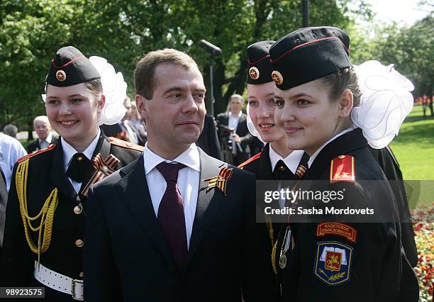 Russian President Dmitry Medvedev attends a ceremony at the Tomb Of The Unknown Soldier to commemorate the 65th anniversary of VE Day, on May 8, 2010...