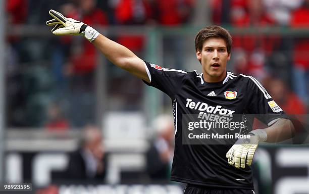 Fabian Giefer, goalkeeper of Leverkusen gestures during the Bundesliga match between Borussia Moenchengladbach and Bayer Leverkusen at Borussia Park...