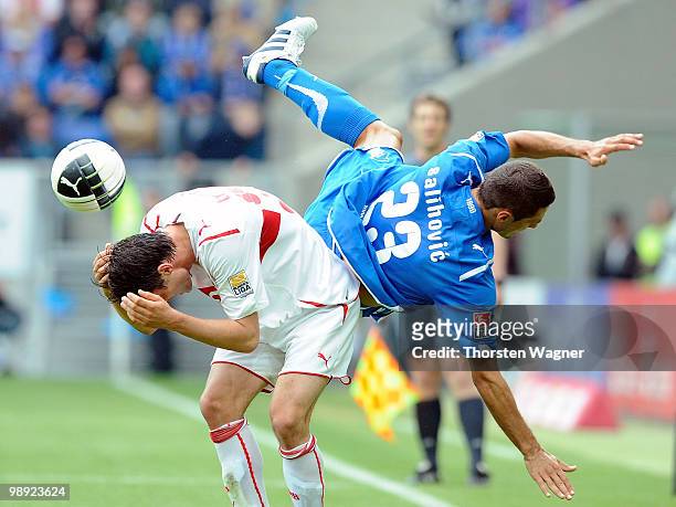Sejad Salihovic of Hoffenheim battles for the ball with Christian Traesch of Stuttgart during the Bundesliga match between TSG 1899 Hoffenheim and...