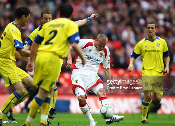 Andy Drury of Stevenage Borough scores during the FA Carlsberg Trophy Final between Barrow and Stevenage Borough at Wembley Stadium on May 8, 2010 in...