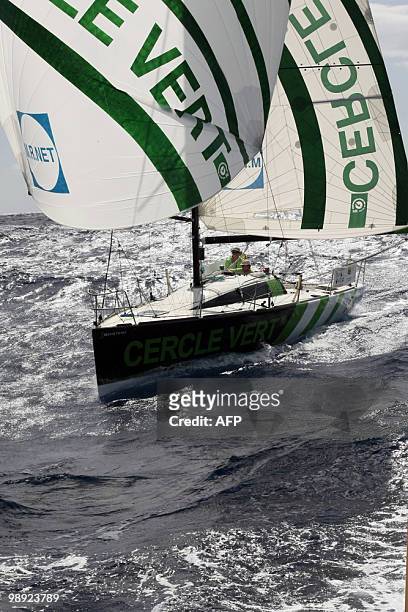 French skippers Gildas Morvan and Bertrand de Broc sail on their "Cercle Vert" monohull on May 7 during the AG2R La Mondiale sailing race between...
