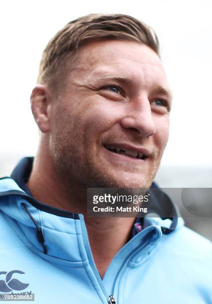 Tariq Sims speaks to the media during the New South Wales Blues State of Origin Team Announcement at ANZ Stadium on July 2, 2018 in Sydney, Australia.