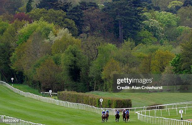 Alainmaar and Richard Hills turn into the home straight before winning The Weatherbys Bloodstock Insurance Conditions Stakes at Lingfield racecourse...