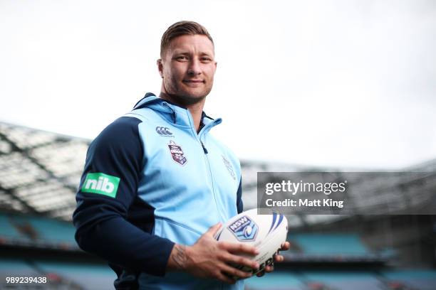 Tariq Sims poses during the New South Wales Blues State of Origin Team Announcement at ANZ Stadium on July 2, 2018 in Sydney, Australia.