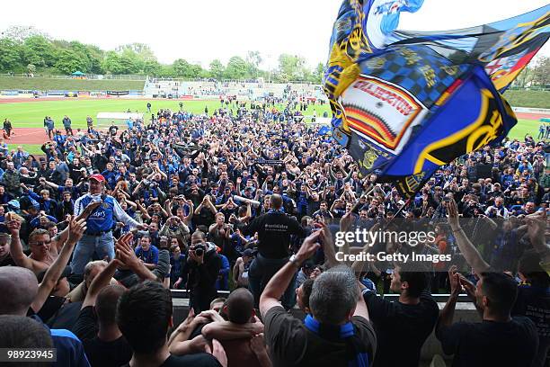 Fans of Saarbruecken celebrate during the Regionalliga match between Bonner SC and 1.FC Saarbruecken at the ARENA stadium on May 8, 2010 in Bonn,...