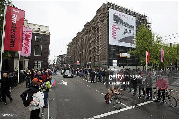 Cyclist of the Rabobank team rides during the time trial section as part of the first stage of the Giro d'Italia in Amsterdam, on May 8, 2010. AFP...