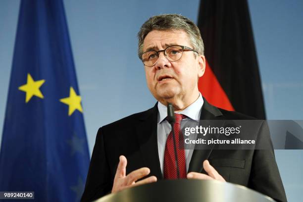 German Foreogner Minister Sigmar Gabriel talks during a press conference with the Prime Minister of the Kurdistan Regional Government of Iraqi...