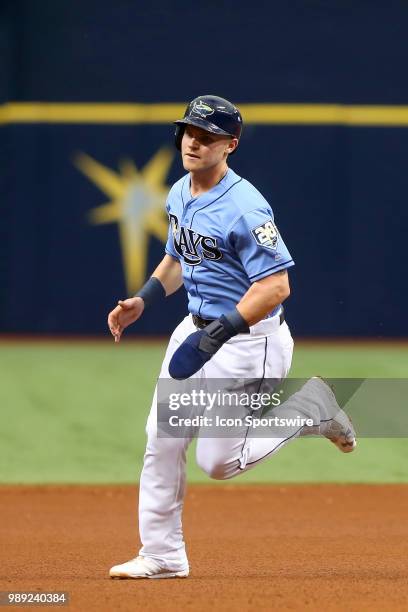 Jake Bauers of the Rays hustles to third base during the MLB regular season game between the Houston Astros and the Tampa Bay Rays on July 01 at...