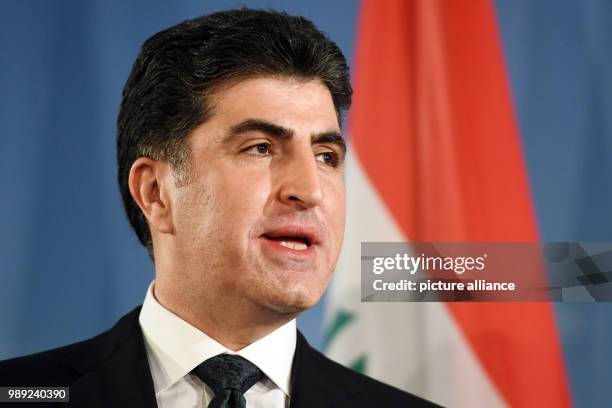 German Foreign Minister Sigmar Gabriel and the Prime Minister of the Kurdistan Regional Government of Iraqi Kurdistan, Nechirvan Barzani, give a...