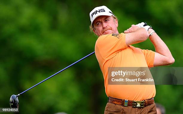 Miguel Angel Jimenez of Spain plays his tee shot on the 16th hole during the third round of the BMW Italian Open at Royal Park I Roveri on May 8,...
