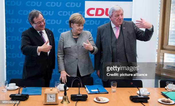 The chairwoman of the Christian Democratic Union and German chancellor Angela Merkel, premiere of North Rhine-Westphalia, Armin Laschet and premiere...