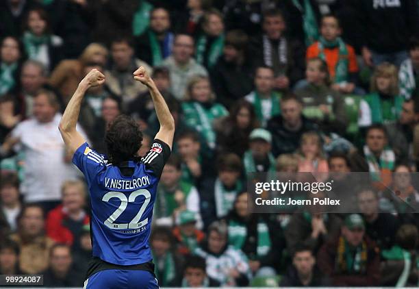 Ruud van Nistelrooy of Hamburg celebrates after scoring his team's first goal during the Bundesliga match between SV Werder Bremen and Hamburger SV...