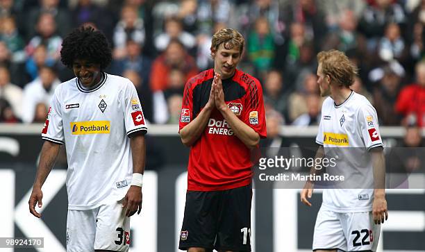 Stefan Kiessling of Leverkusen reacts after he fails to score during the Bundesliga match between Borussia Moenchengladbach and Bayer Leverkusen at...