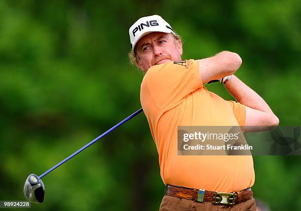 Miguel Angel Jimenez of Spain plays his tee shot on the 16th hole during the third round of the BMW Italian Open at Royal Park I Roveri on May 8,...