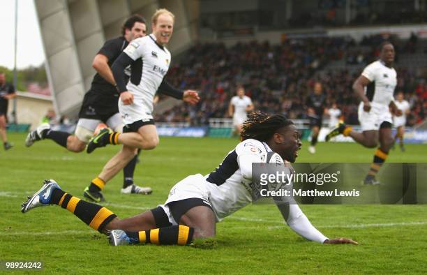 Paul Sackey of Wasps scores a try during the Guinness Premiership match between Newcastle Falcons and London Wasps at Kingston Park on May 8, 2010 in...
