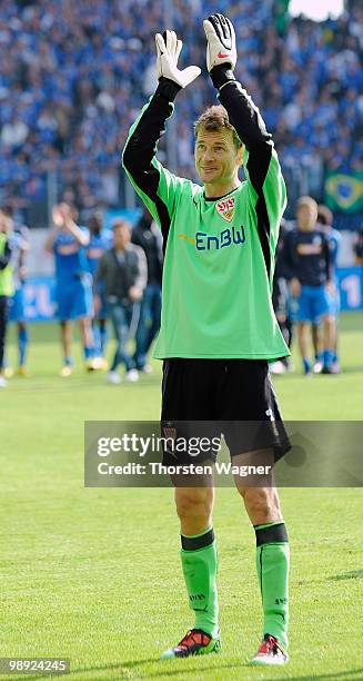 Goalkeeper Jens Lehmann of Stuttgart applauds to the fans after his last Bundesliga match between TSG 1899 Hoffenheim and VFB Stuttgart at...