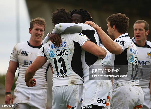 Paul Sackey of Wasps is congratulated on his try by Ben Jacobs during the Guinness Premiership match between Newcastle Falcons and London Wasps at...