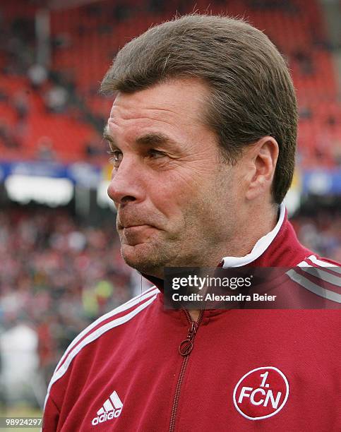 Head coach Dieter Hecking of Nuernberg smiles before the Bundesliga match between 1. FC Nuernberg and 1. FC Koeln at Easy Credit Stadium on May 8,...