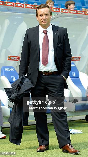 Manager Horst Held of Stuttgart looks on prior to the Bundesliga match between TSG 1899 Hoffenheim and VFB Stuttgart at Rhein-Neckar Arena on May 8,...