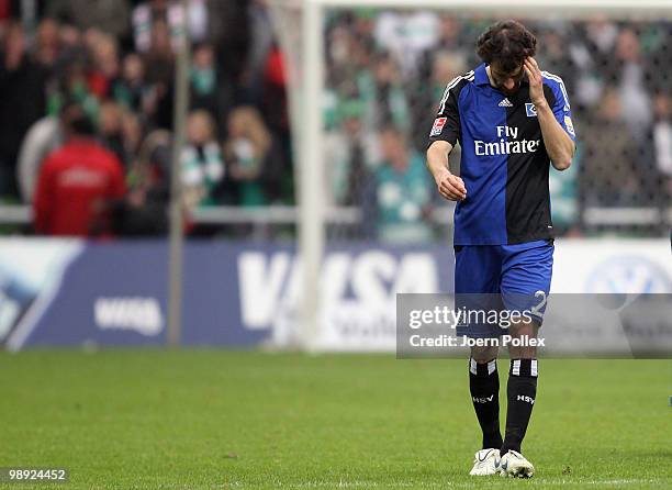 Ruud van Nistelrooy of Hamburg looks dejected after the Bundesliga match between SV Werder Bremen and Hamburger SV at Weser Stadium on May 8, 2010 in...