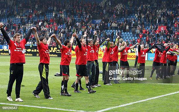 Player of Hannover celebrate after the Bundesliga match between VfL Bochum and Hannover 96 at Rewirpower Stadium on May 8, 2010 in Bochum, Germany.