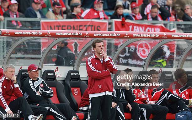 Head coach Dieter Hecking of Nuernberg reacts during the Bundesliga match between 1. FC Nuernberg and 1. FC Koeln at Easy Credit Stadium on May 8,...