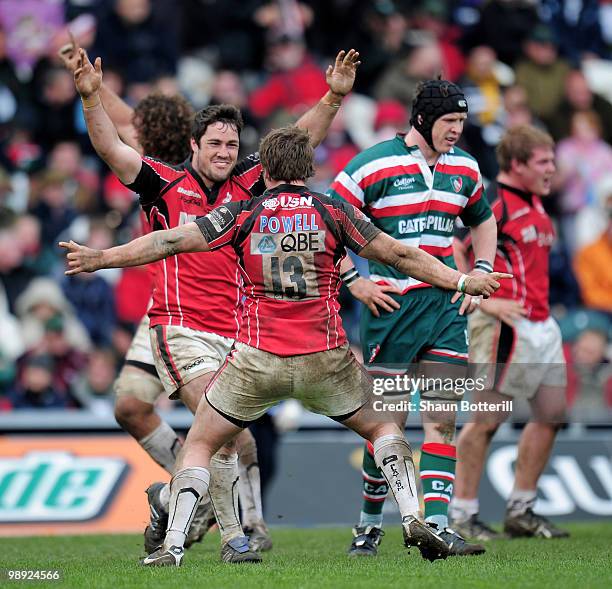 Brad Barritt of Saracens celebrates with team-mate Adam Powell at the final whistle of the the Guinness Premiership match between Leicester Tigers...