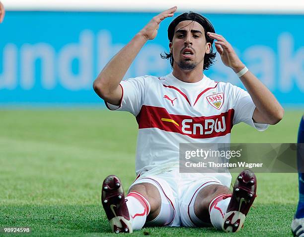 Sami Khedira of Stuttgart gestures during the Bundesliga match between TSG 1899 Hoffenheim and VFB Stuttgart at Rhein-Neckar Arena on May 8, 2010 in...