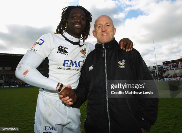 Paul Sackey of Wasps poses with Shaun Edwards after the Guinness Premiership match between Newcastle Falcons and London Wasps at Kingston Park on May...