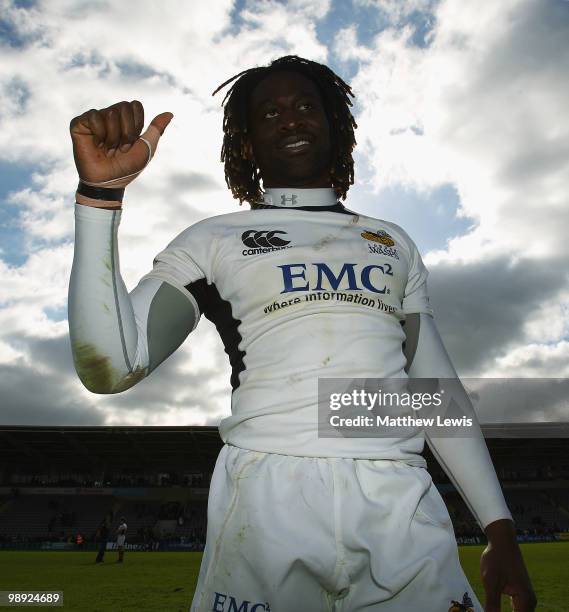 Paul Sackey of Wasp sthanks the crowd after his last game for London Wasps, following the Guinness Premiership match between Newcastle Falcons and...