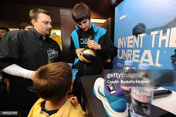 Ricky Rubio, #9 of Regal FC Barcelona signs autographs during the opening of House of Hoops at Les Halles on May 8, 2010 in Paris, France.
