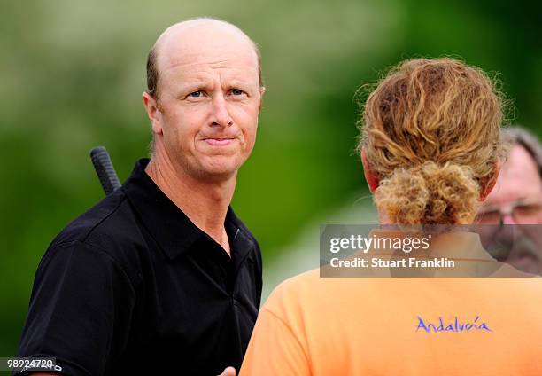 Fredrik Andersson Hed of Sweden and Miguel Angel Jimenez of Spain during the third round of the BMW Italian Open at Royal Park I Roveri on May 8,...