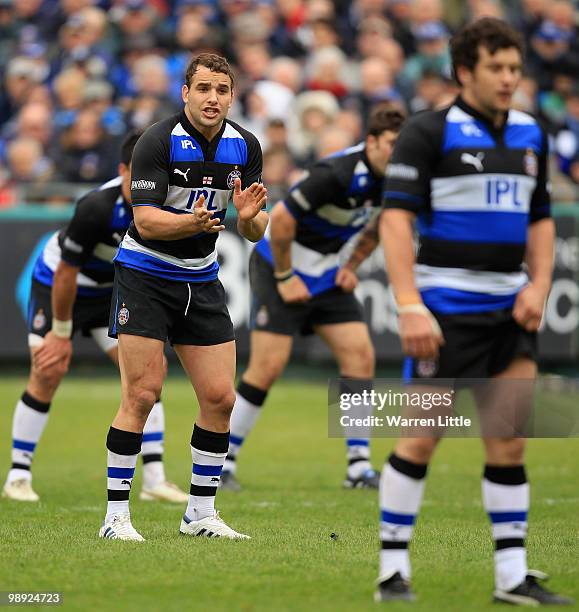 Olly Barkley of Bath instructs his players during the Guinness Premiership match between Bath and Leeds Carnegie on May 8, 2010 in Bath, England.