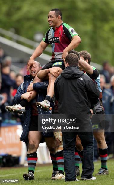 Tani Fuga of Harlequins is carried off by his team mates after his last game during the Guinness premiership match between Harlequins and Sale Sharks...