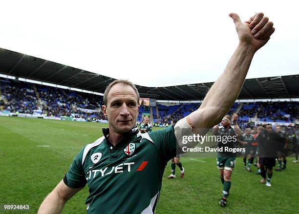 Mike Catt, of London Irish, waves to the crowd after his final match after the Guinness Premiership match between London Irish and Northampton Saints...