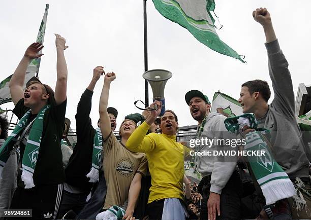 Werder Bremen's goalkeeper Tim Wiese celebrates with fans after the German first division Bundesliga football match Werder Bremen vs Hamburger SV in...