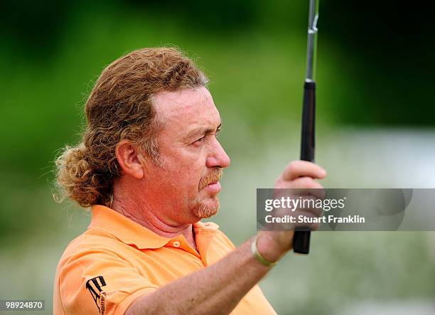 Miguel Angel Jimenez of Spain celebrates on the 18th hole during the third round of the BMW Italian Open at Royal Park I Roveri on May 8, 2010 in...